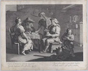 Three people seated around a table at left as a man brings an empty plate..., 1760-70 Three people seated around a table at left as a man brings an empty plate..., 1760-70
