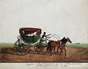 Watercolour With Fine Brush Prints: Four people travelling in a carriage drawn by two horses