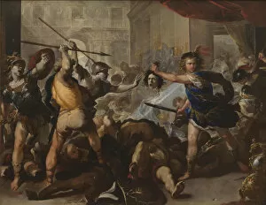 Ovid Gallery: Perseus turning Phineas and his Followers to Stone, Early 1680s. Artist: Giordano, Luca (1632-1705)