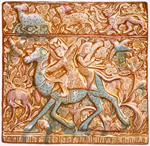 Iconography Prints: Persian lustred wall-tile: a mounted Sassanian archer, 19th century. Creator: Henry Wallis