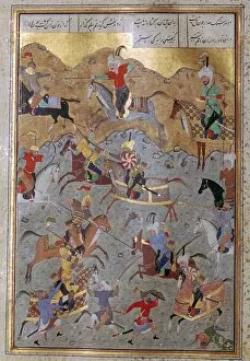 Violence Gallery: Persian miniature of battle between Alexander the Great and Darius, 16th century