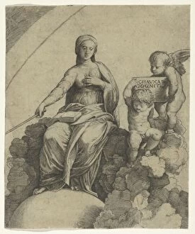 Globe Gallery: A personification of Philosophy sitting on clouds with her feet resting on a globe, ... ca. 1510-15