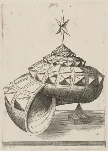 Snail Prints: A Perspective of a Faceted Snail Shell Balanced on a Pyramid, 1567. Creator: Mathis Zundt