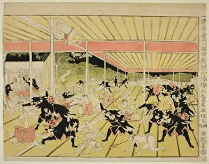Perspective Picture of the Night Attack from Act XI of the Storehouse of Loyal... c. 1791/94. Creator: Kitao Masayoshi
