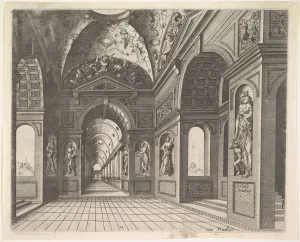 Perspective view of the interior of a hall, with cross-vault decorated with grot