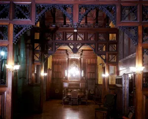 Antoni Prints: Perspective view of the main dining room of the Güell Palace with the original furniture