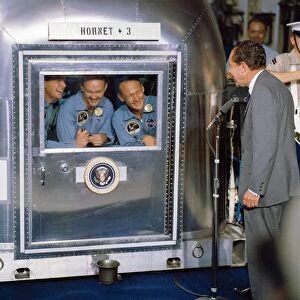 Relieved Gallery: Pesident Nixon visits Apollo 11 crew in quarantine. Creator: NASA