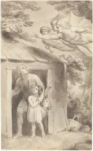 Winged Figures Prints: Peter and His Children Visited by Three Flying Figures, c. 1783. Creator: Thomas Stothard