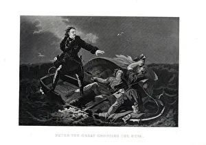 Neva Prints: Peter the Great crossing the Neva, 1882. Artist: Anonymous