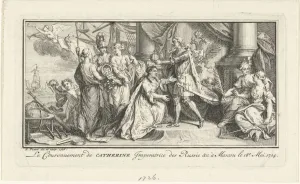 Picart Collection: Peter the Great crowns his wife Catherine I as Empress, 1726. Artist: Picart, Bernard (1673?1733)