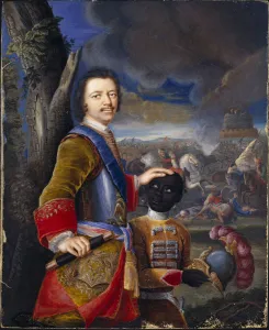 Pushkin Prints: Peter the Great with his page Abraham Hannibal, ca 1720