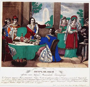 Skavronska Prints: Peter the Great takes Menshikov Catherine away, 1833. Artist: Russian Master