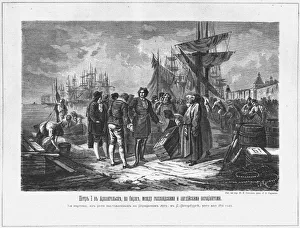 Peter I in Arkhangelsk between the Dutch and English merchants, 19th century. Artist: Anonymous