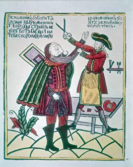 Peter I, the Great (1672-1725), Tsar of Russia, cutting a Boyars (nobleman) beard
