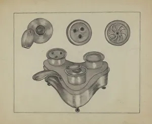 Writing Set Prints: Pewter Desk Set, 1936. Creator: Mae Szilvasy
