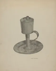 Hartenstein Violet Prints: Pewter Grease Lamp, c. 1941. Creator: Violet Hartenstein