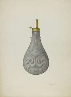Powder Keg Prints: Pewter Powder Flask, c. 1939. Creator: George V. Vezolles