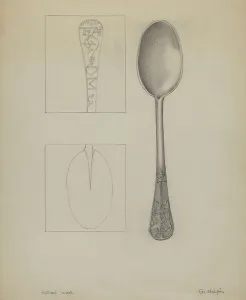 Grace Halpin Prints: Pewter Spoon, c. 1937. Creator: Grace Halpin