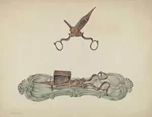 Watercolor And Graphite On Paper Collection: Pewter Tray and Snuffers, c. 1938. Creator: Carmel Wilson