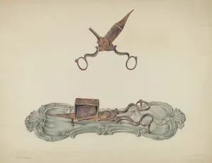 Snuffer Prints: Pewter Tray and Snuffers, c. 1938. Creator: Carmel Wilson