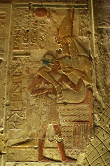 The Pharaoh being breastfed, Temple of Seti I, Abydos, Egypt, New Kingdom, 19th Dynasty (2003). Creator: LTL