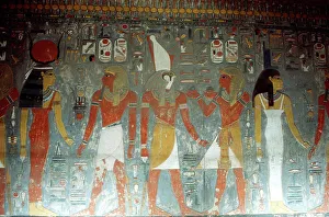 14th Century Bc Prints: Pharaoh Horemheb with the goddess Isis and the god Horus