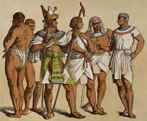 Pharaoh wearing the pschent or double crown with public servants, Old Kingdom, Egypt. Creator: Unknown