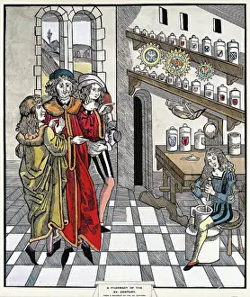 Storage Jar Prints: A pharmacy: interior. Creator: Unknown