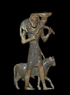 Phoenician Gallery: Phoenician bronze of a man with animals for sacrifice, 8th century BC