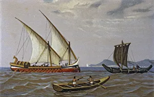 Phoenician Prints: Phoenician trade ship and fishing boats, lithograph, 1875
