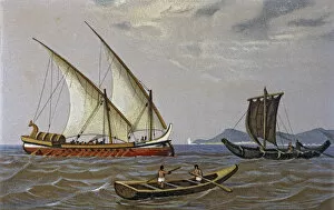 Phoenician Gallery: Phoenician trade ship and fishing boats, lithograph, 1875