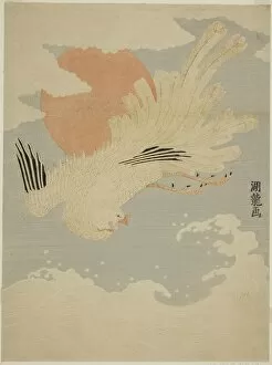 Plumage Gallery: Phoenix Flying Over Waves in front of Morning Sun, c. 1772. Creator: Isoda Koryusai
