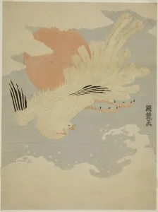 Phoenix Prints: Phoenix Flying Over Waves in front of Morning Sun, c. 1772. Creator: Isoda Koryusai