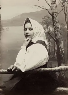 Photograph of a young girl in a white blouse and white headscarf, 1880-1890. Creator: Helene Edlund