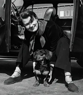 Dachshund Prints: Photographer Kerstin Bernhard sits in the doorway of her car and holds a dachshund
