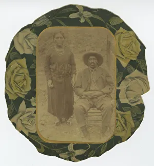 Sunday Best Prints: Photographic portrait of a man and woman on floral paper backing, early 20th century