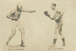 Boxer Gallery: Photographic postcard with photos of Jack Johnson and James J. Jeffries, 1910