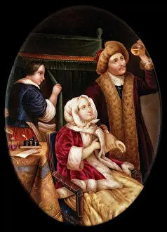 Enamel Prints: A physician examining a urine flask, 1859. Creator: KEL Hummel