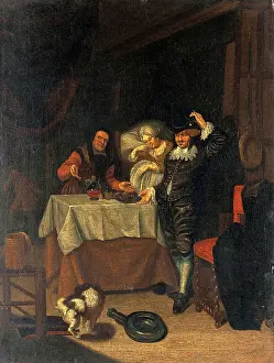 Examining Prints: A physician examining a urine flask, c17th century. Creator: Unknown
