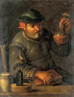 A physician (?) examining a urine-flask, c16th century. Creator: Unknown