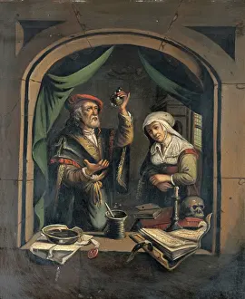 Examining Prints: A physician examining a urine flask, c1650s. Creator: Unknown
