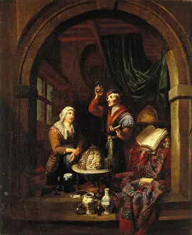 Examining Prints: A physician examining a urine-flask, c1700. Creator: Gerard Thomas