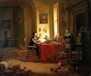 Examining Prints: A physician examining a urine-flask, c1740s. Creator: Justus Juncker
