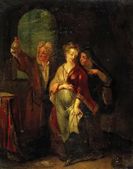 Anticipation Prints: A physician examining the urine of a pregnant girl, 18th century. Creator: Unknown