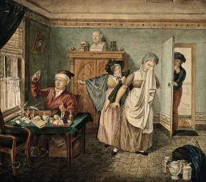 Discovering Prints: A physician examining a urine specimen in which a faint figure of a baby is visible