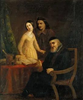 Examining Prints: A physician holding a urine flask in the presence of a young woman and man