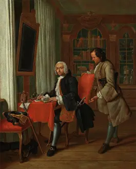 Blackboard Prints: A physician in his study writing a prescription for his waiting patient