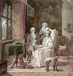 Jerome Prints: A physician taking the hand of a sick female patient