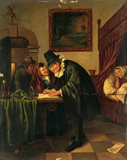 Leaning Forward Prints: A physician writing a prescription for a sick young woman, c1650s. Creator: Unknown