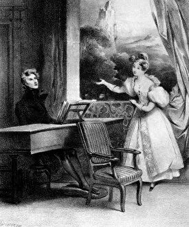 Pianist at the keyboard accompanying a lady singing, 19th century